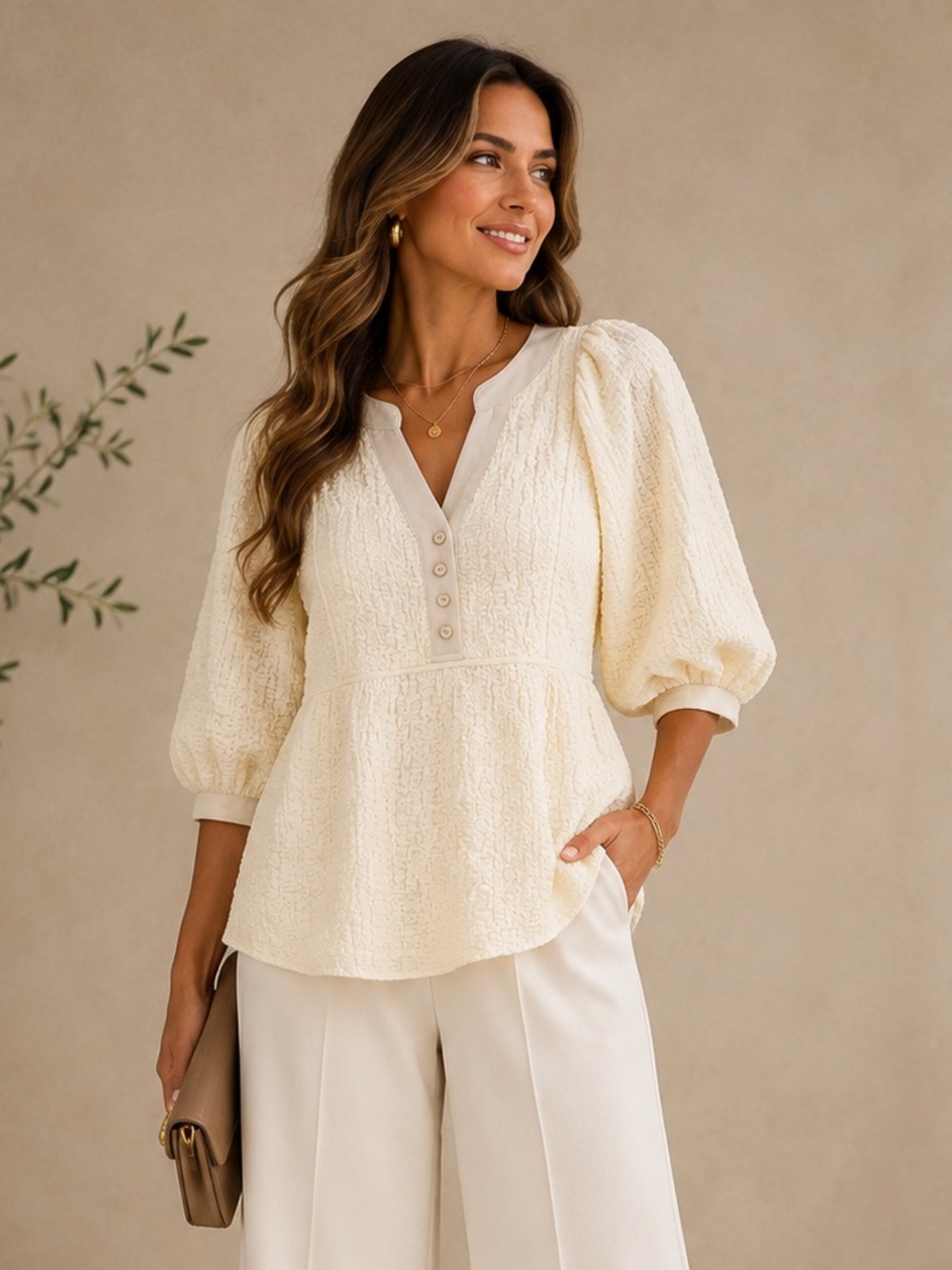 GIGIO Ivory Crinkle Textured Peplum Top - Picture 3 of 7